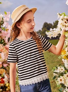 SHEIN Girls Guipure Lace Insert Striped Tee - Black and White - View 3