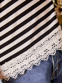 SHEIN Girls Guipure Lace Insert Striped Tee - Black and White - View 4