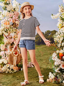 SHEIN Girls Guipure Lace Insert Striped Tee - Black and White - View 5