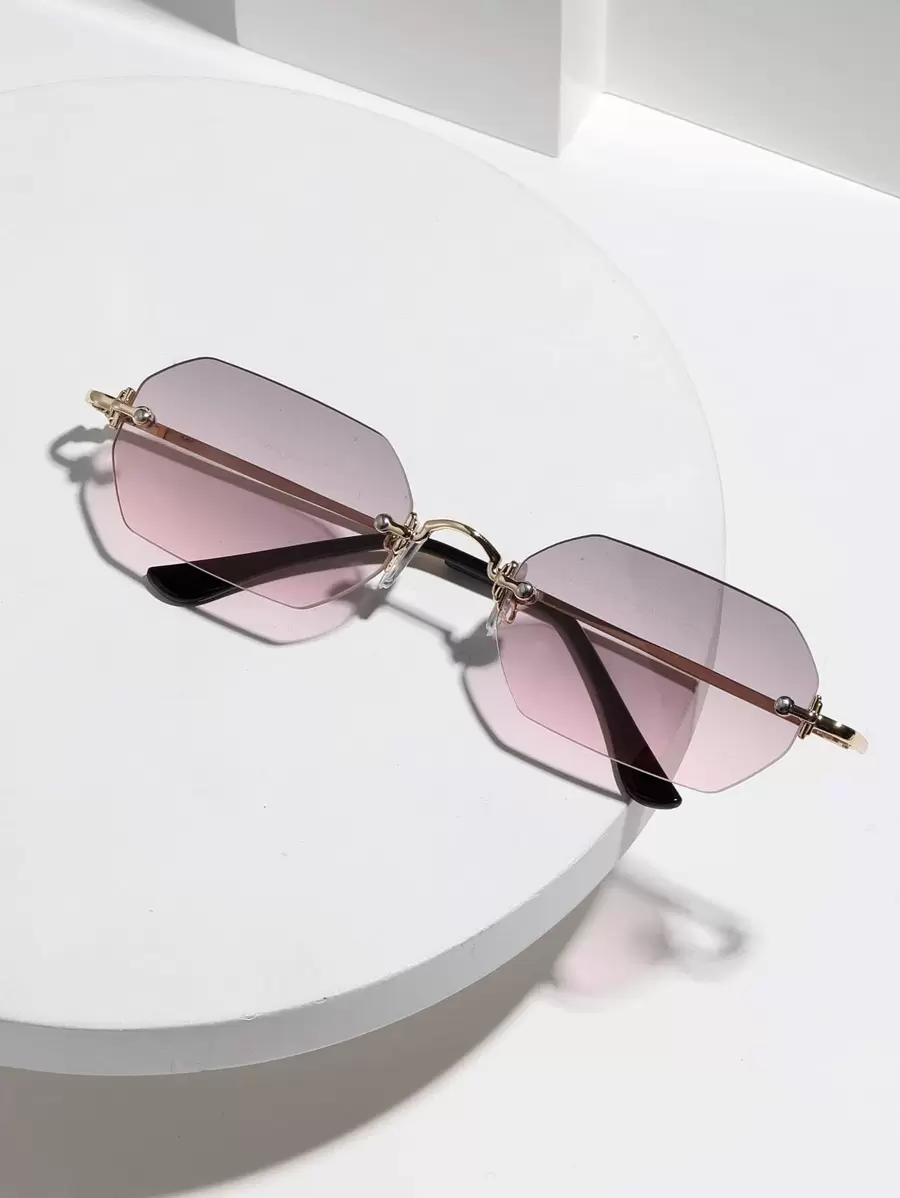 015835340007 1pc Mini Hexagon Frameless Vintage Full Metal Gradient Sunglasses, Suitable For Street, Beach, Commute, Travel, Classic Retro Style (Comes With Lanyard, Glasses Case, Cleaning Cloth)