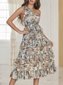 Mulvari Đầm Thắt lưng Viên lá sen phân lớp Hoa Tất cả trên in Boho - Nhiều màu - Xem 3