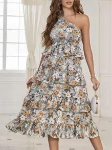 Mulvari Đầm Thắt lưng Viên lá sen phân lớp Hoa Tất cả trên in Boho - Nhiều màu - Xem 6