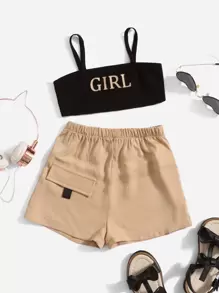 SHEIN 嬰兒女孩字母圖形背心上衣和翻蓋口袋短褲