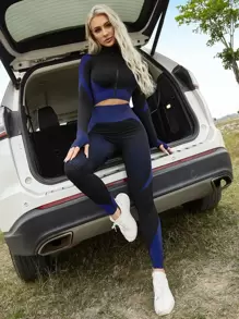 Yoga Basic Seamless Zip Up Striped Sports Jacket & Striped Sports Jacket & Leggings Fit Set Workout Women Set - Multicolor - View 2