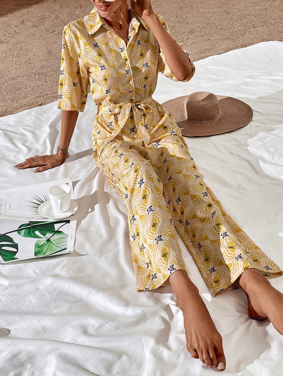 滿版印花腰帶襯衫連體褲