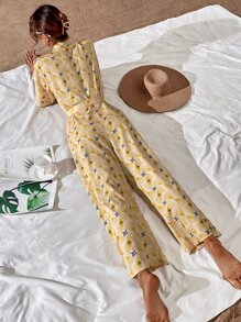 滿版印花腰帶襯衫連體褲