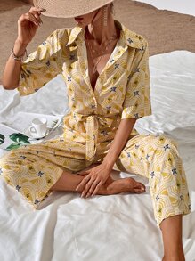 滿版印花腰帶襯衫連體褲