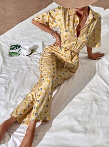 滿版印花腰帶襯衫連體褲