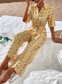 滿版印花腰帶襯衫連體褲