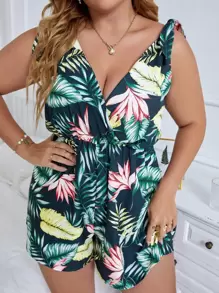 Breezaya Plus Tropical Print Tie Shoulder Romper - Multicolor - View 4