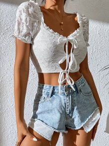 SHEIN Frill Trim Knot Front Cut Out Crop Lace Top - White - View 4