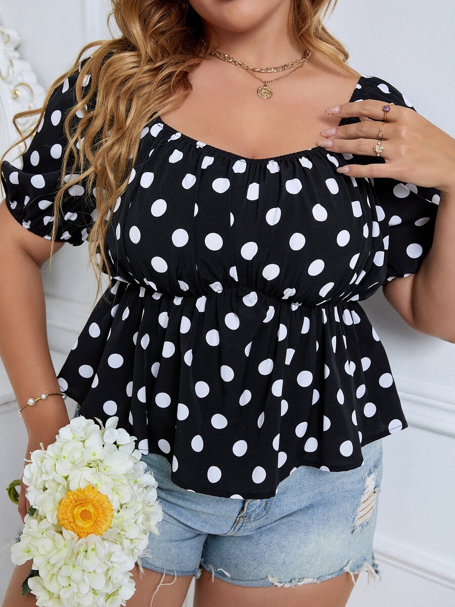 大碼波卡圓點荷葉邊下擺襯衫 - 黑色 - 查看 1