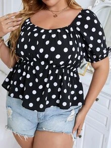 大碼波卡圓點荷葉邊下擺襯衫 - 黑色 - 查看 3