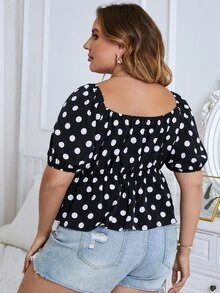 大碼波卡圓點荷葉邊下擺襯衫 - 黑色 - 查看 4