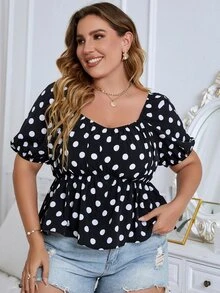 大碼波卡圓點荷葉邊下擺襯衫 - 黑色 - 查看 5