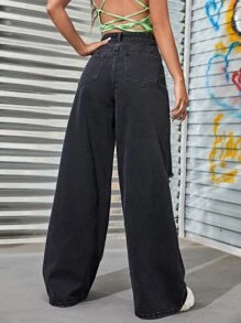 SHEIN Ripped Wide Leg Jeans - Black - View 3