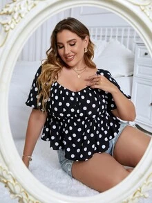 大碼波卡圓點荷葉邊下擺襯衫 - 黑色 - 查看 7