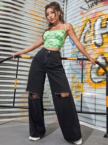 SHEIN Ripped Wide Leg Jeans - Black - View 2