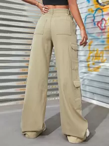 SHEIN EZwear Zipper Fly Flap Pocket Cargo Jeans - Khaki - View 2