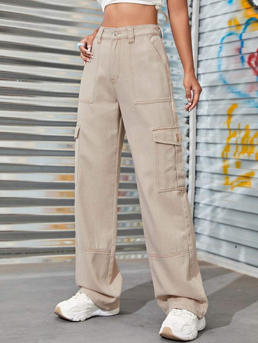 SHEIN EZwear High Waist Cargo Jeans - Beige - View 1