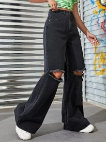 SHEIN Ripped Wide Leg Jeans - Black - View 1