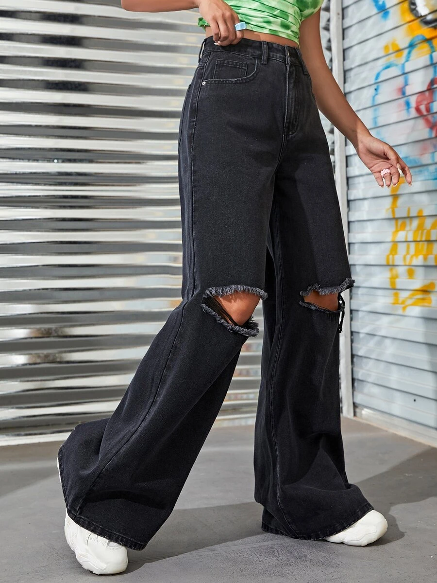 SHEIN Ripped Wide Leg Jeans - Black - View 1