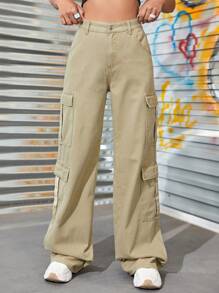 SHEIN EZwear Zipper Fly Flap Pocket Cargo Jeans - Khaki - View 3