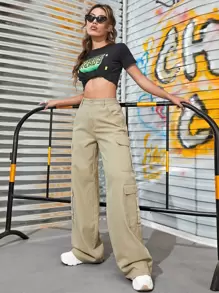 SHEIN EZwear Zipper Fly Flap Pocket Cargo Jeans - Khaki - View 4