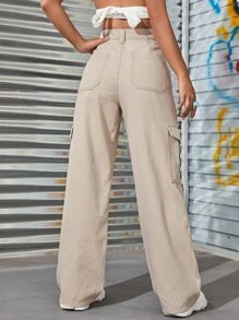 SHEIN EZwear High Waist Cargo Jeans - Beige - View 2