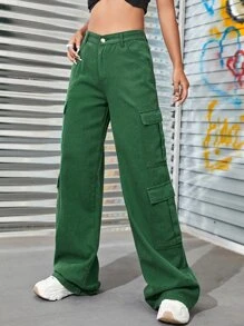 Zipper Fly Flap Pocket Cargo Jeans - Green - View 1