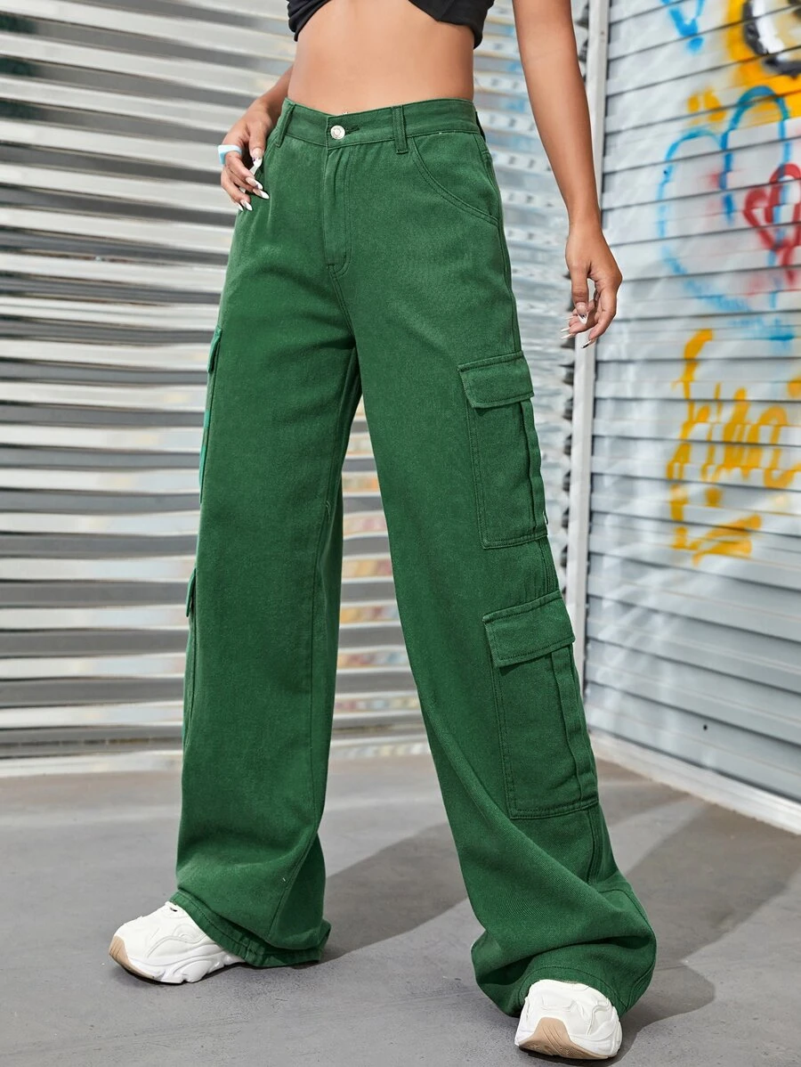 Zipper Fly Flap Pocket Cargo Jeans - Green - View 1