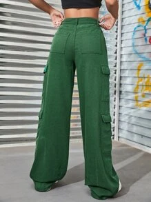 Zipper Fly Flap Pocket Cargo Jeans - Green - View 2