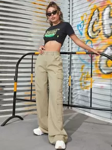 SHEIN EZwear Zipper Fly Flap Pocket Cargo Jeans - Khaki - View 6