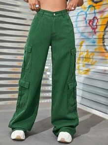 Zipper Fly Flap Pocket Cargo Jeans - Green - View 3