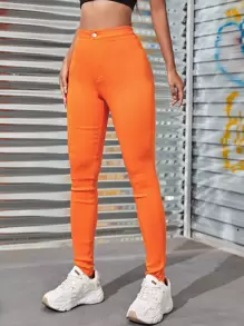 Neon Orange High Waisted Skinny Jeans - Orange - View 3