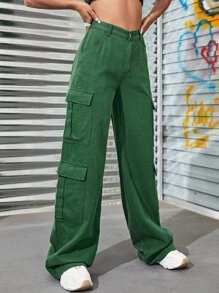 Zipper Fly Flap Pocket Cargo Jeans - Green - View 6