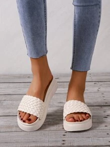 Braided Design Flatform Slide Sandals - Beige - View 2