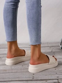 Braided Design Flatform Slide Sandals - Beige - View 3