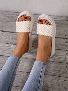 Braided Design Flatform Slide Sandals - Beige - View 4