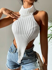 Breezaya Backless Halterneck Hanky Hem Crop Knit Top - White - View 1