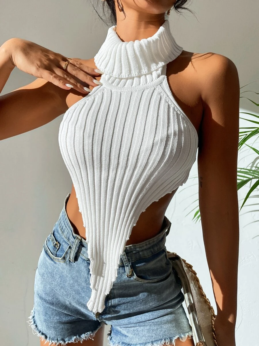 Breezaya Backless Halterneck Hanky Hem Crop Knit Top - White - View 1