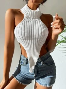 Breezaya Backless Halterneck Hanky Hem Crop Knit Top - White - View 6