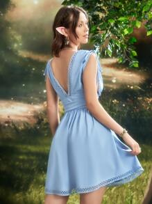 Plunging Neck Hollow Out Drawstring Shoulder Dress - Baby Blue - View 2