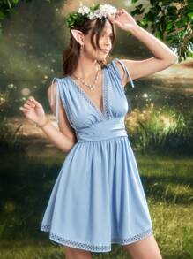 Plunging Neck Hollow Out Drawstring Shoulder Dress - Baby Blue - View 5