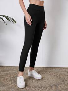 SHEIN LUNE Solid Wideband Waist Leggings - Black - View 5