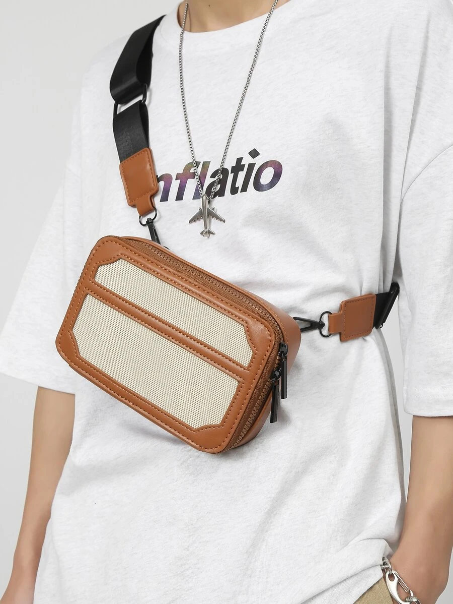 High School Students University Freshman multifunctional sling bag shoulder bag casual bag Mini Men Colorblock Square Bag, Handbag Schoolbag For Travel,College,Outdoors,Sports,Commute - Brown - View 1