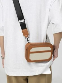 High School Students University Freshman multifunctional sling bag shoulder bag casual bag Mini Men Colorblock Square Bag, Handbag Schoolbag For Travel,College,Outdoors,Sports,Commute - Brown - View 2