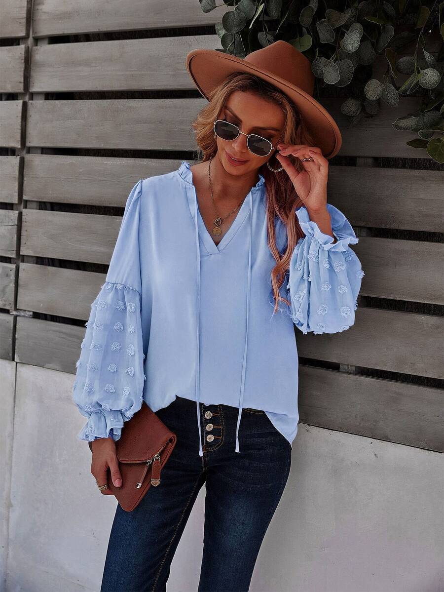 SHEIN LUNE Blusa de lunares ribete fruncido - Celeste - Ver 1