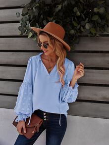 SHEIN LUNE Blusa de lunares ribete fruncido - Celeste - Ver 5