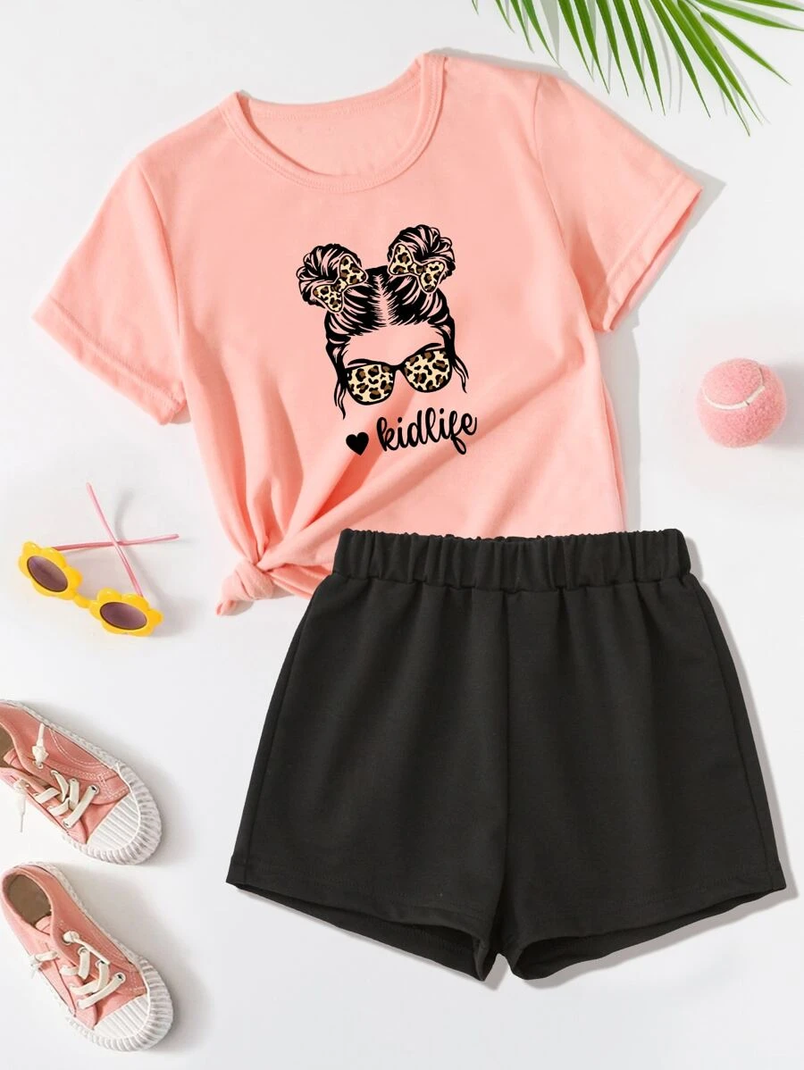 SHEIN Tween Girl 2pcs/Set Fashion Leopard Print Bow Tie Eyeglasses And Girl Portrait Printed Short Sleeve T-Shirt And Shorts Outfit